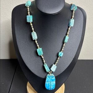 Vintage Antique Ancient Early Egyptian Revival Beaded Scarab Beetle Necklace